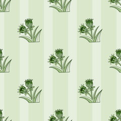 Green pastel colors seamless pattern with hand drawn bluebell ornament. Striped background.