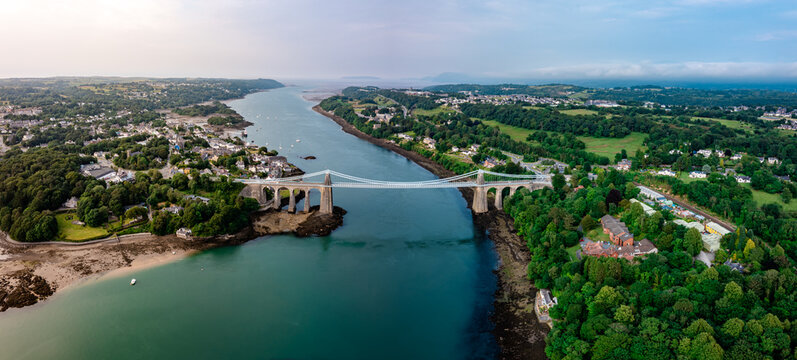 Aerial view of Telford's Suspension Bridge Across The Menai Starights - Wales, UK.