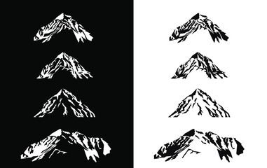 Vector silhouettes of the mountains, black and white color on the black and white background. Set of outdoor design elements, print on fabric; rocky mountains
