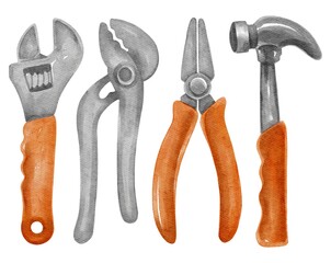 Hand drawing watercolor set of instruments: adjustable wrench, plascans, pliers, hammer. Use for poster, print, card, design, shop, market, advertising, label