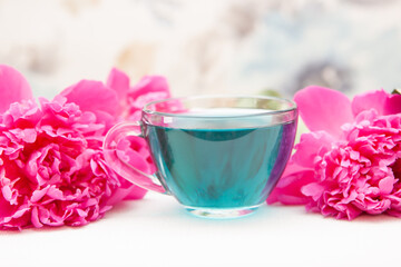 Butterfly pea tea or anchan blue tea with pink peony flowers