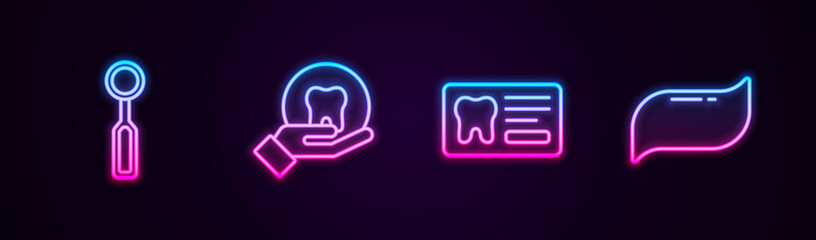 Set line Dental inspection mirror, Tooth, card and Toothpaste. Glowing neon icon. Vector