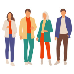 Fototapeta premium Set of young men and women, different colors, cartoon character, group of silhouettes of standing business people, students, the design concept of flat icon, isolated on white background