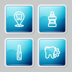 Set line Dental clinic location, Mouthwash bottle, Painkiller tablet and Tooth treatment procedure icon. Vector