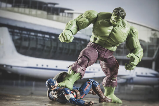 NEW YORK, USA - JUNE 12 2021: Scene from Marvel Avengers Civil War, the Incredible Hulk fighting Captain America  - Hasbro action figure