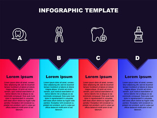 Set line Tooth, Dental pliers, with caries and Mouthwash bottle. Business infographic template. Vector