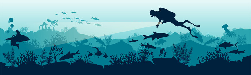 Silhouette of a scuba diver in the underwater world. The diver dives to the depths of the ocean. Stock vector illustration. Panoramic view of the underwater world. Illustration for underwater tourism.