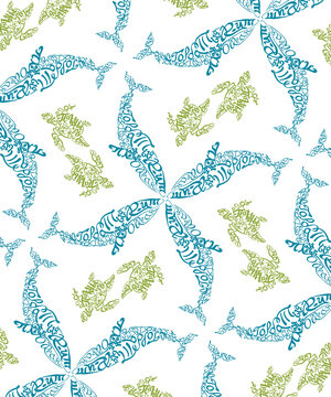 PrPrintBeautiful raster pattern with with whales and turtles. Background with decorative for textiles, wrappers, fabrics, clothing, covers, paper, printing, scrapbooking. Blue humpback whaleint
