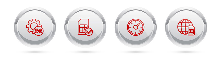 Set line Setting 5G network, Sim card, Digital speed meter and Globe Card. Silver circle button. Vector