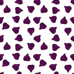 Isolated seamless pattern with random little purple fig silhouettes print. White background. Vitamin print.