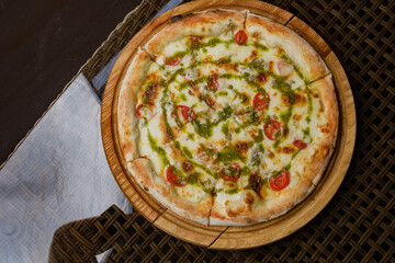 pizza on a wooden table