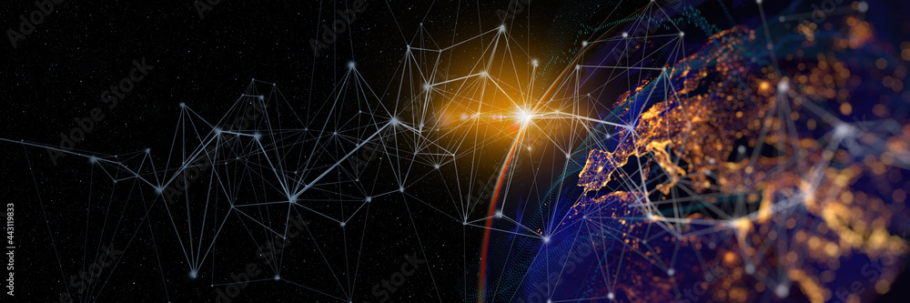 Poster Communication technology for internet business. Global world network and telecommunication on earth cryptocurrency and blockchain and IoT. Elements of this image furnished by NASA