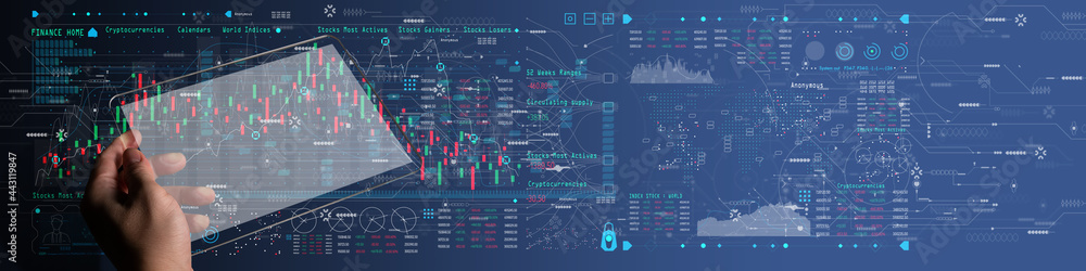Poster finance content marketing concept and digital marketing with person hand using a smart digital table