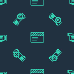 Set line Movie clapper, Media projector and Cinema camera on seamless pattern. Vector
