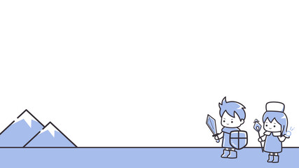 シンプルな線の勇者とヒーラーのフレーム_イラスト_ゲーム_RPG_16:9