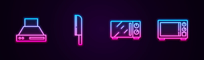 Set line Kitchen extractor fan, Knife, Microwave oven and . Glowing neon icon. Vector