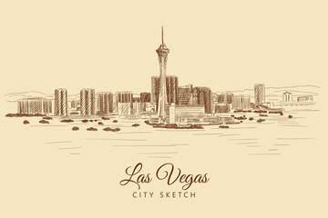 City sketch with skyscrapers and buildings, Las Vegas, USA, hand-drawn.