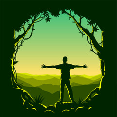 A man stands against the background of mountains. Graphic t-shirt design. Silhouette of nature. T-shirt print. Vector illustration. EPS 10.