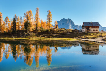 Obraz premium Fantastic autumn landscape. The view on Federa Lake at autumn. Dolomites, Cortina DAmpezzo, South Tyrol