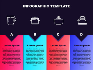 Set line Coffee cup, Cooking pot, Citrus fruit juicer and Kettle with handle. Business infographic template. Vector