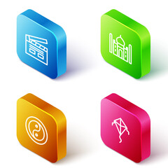 Set Isometric line Bollywood indian cinema, Taj Mahal, Yin Yang and Kite icon. Vector