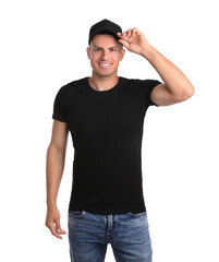 Happy man in black cap and tshirt on white background. Mockup for design