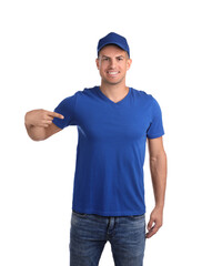 Naklejka premium Happy man in blue cap and tshirt on white background. Mockup for design