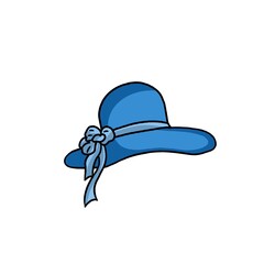 Illustration of a summer beach hat for women with large brims, blue color, with a blue ribbon, on a white background. For leaflets, postcards, posters, advertising, presentations