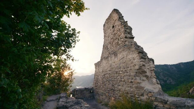Top view of the ruins of Kuenringer Castle above Durnstein, here King Lionheart was imprissoned. Ruine D&uuml;rnstein. Small part of a ruined castle on top of a mountain.