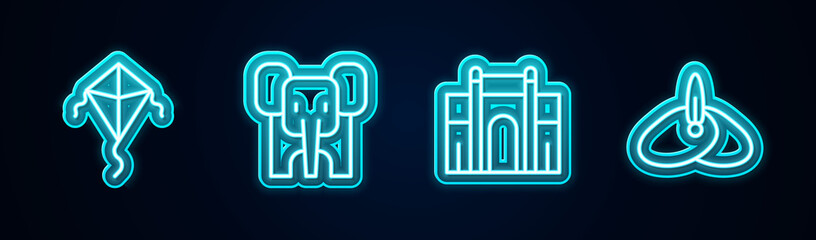 Set line Kite, Elephant, India Gate in Delhi and Indian headgear turban. Glowing neon icon. Vector