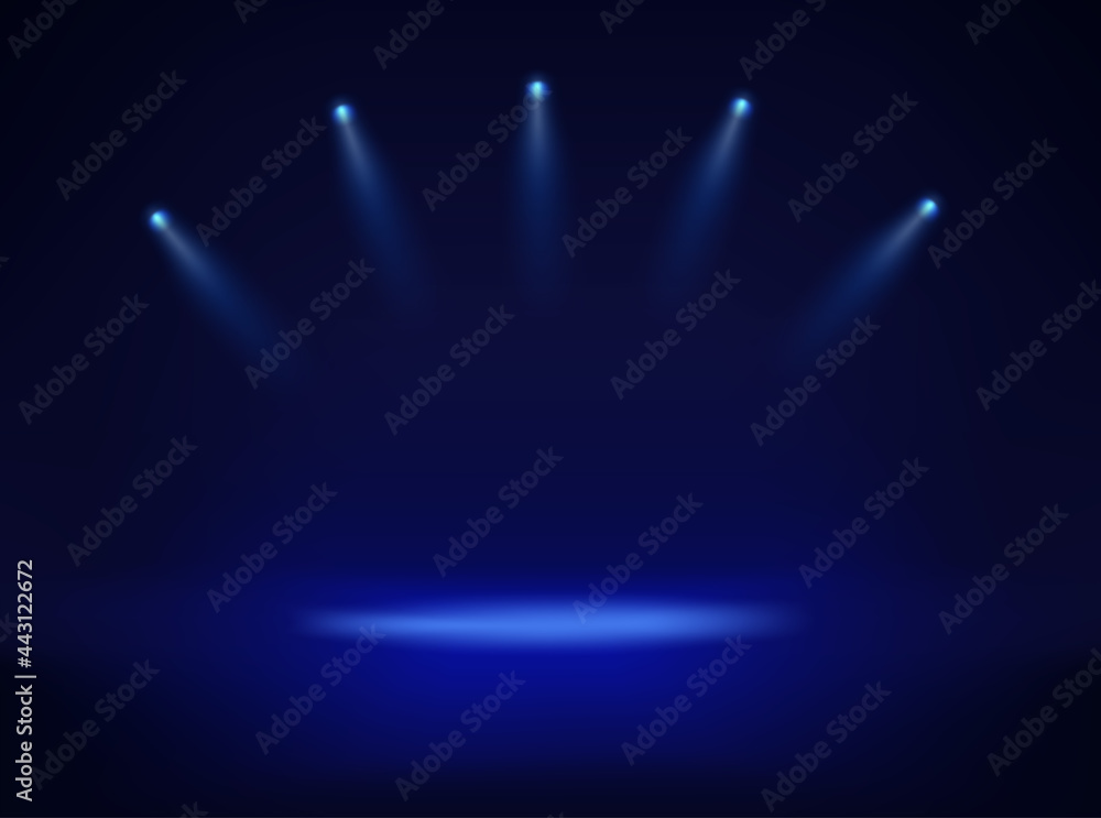 Poster Dark srudio and four blue projectors pointed to the center