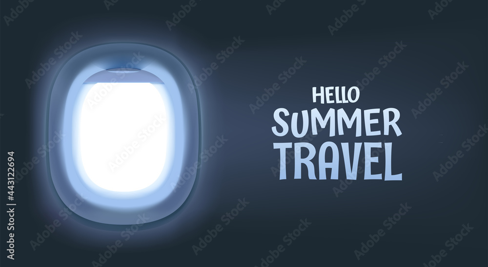 Aufkleber vector banner with airplane empty window and logo. hello summer travel