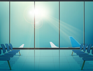 Airplanes in airport in windows of waiting hall