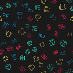 Set line Coffee tamper, cup to go, pot and Bag coffee beans on seamless pattern. Vector