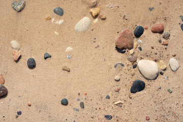 Fototapeta na wymiar wet beach on the shores of the Baltic Sea have pebbles of different colors