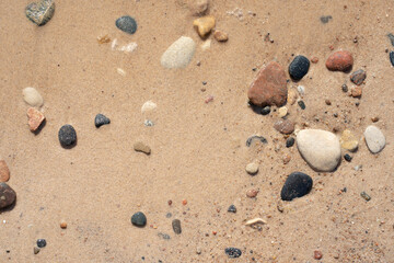 wet beach on the shores of the Baltic Sea have pebbles of different colors