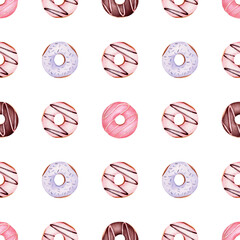 Donuts watercolor clipart seamless pattern. Hand painted digital paper.