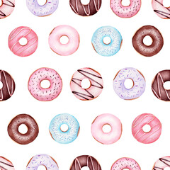 Donuts watercolor clipart seamless pattern. Hand drawn digital paper.