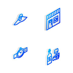 Set Isometric line Coffee shop, Elegant women hat, Wrist watch and Wine bottle with cheese icon. Vector