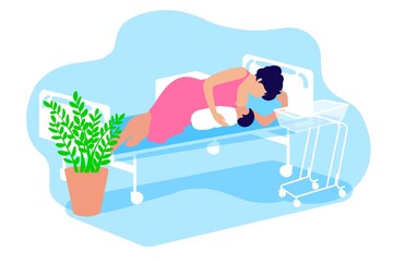 Woman with newborn baby alone in hospital ward staying with child. The first days of the postpartum period. Lying breastfeeding position. Postpartum Hospital Ward. Vector illustration