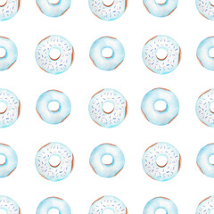 Donuts seamless digital paper. Hand painted watercolor clipart.