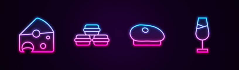 Set line Cheese, Macaron cookie, French beret and Wine glass. Glowing neon icon. Vector