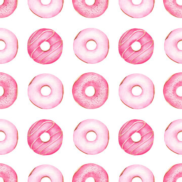 Seamless pattern donuts digital paper. Hand painted watercolor clipart isolated on white. Food graphics.