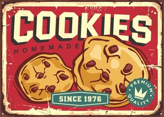 Homemade cookies and cakes retro sign design layout. Bakery poster with crunchy crispy cookies. Vector food illustration.
