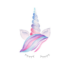 Unicorn head with rainbow mane, lashes, ears, corn watercolor clipart. Hand painted illustration.