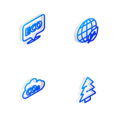 Set Isometric line Earth globe and leaf, Label for eco healthy food, CO2 emissions in cloud and Christmas tree icon. Vector