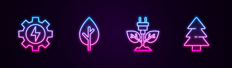 Set line Gear and lightning, Tree, Electric saving plug leaf and Christmas tree. Glowing neon icon. Vector