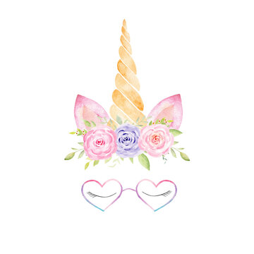 Unicorn head with rainbow mane, lashes, corn, glasses, flowers watercolor clipart. Hand painted illustration.