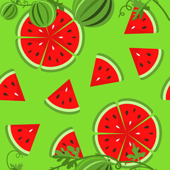 Pattern from watermelon is seamless. Juicy and sweet slices of watermelon are a symbol of a bright summer. For the design of fabric, wrapping paper, packaging, postcards, wallpaper. Vector, isolated.