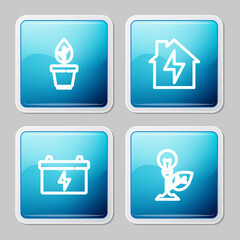 Set line Plant in pot, House and lightning, Car battery and Light bulb with leaf icon. Vector